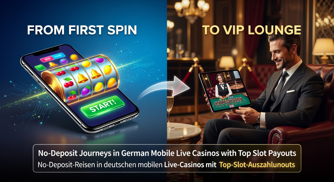 Smartphone mit Live-Casino-App, das einen No-Deposit-Bonus und drehende Slot-Walzen zeigt, im Hintergrund eine elegante VIP-Lounge
