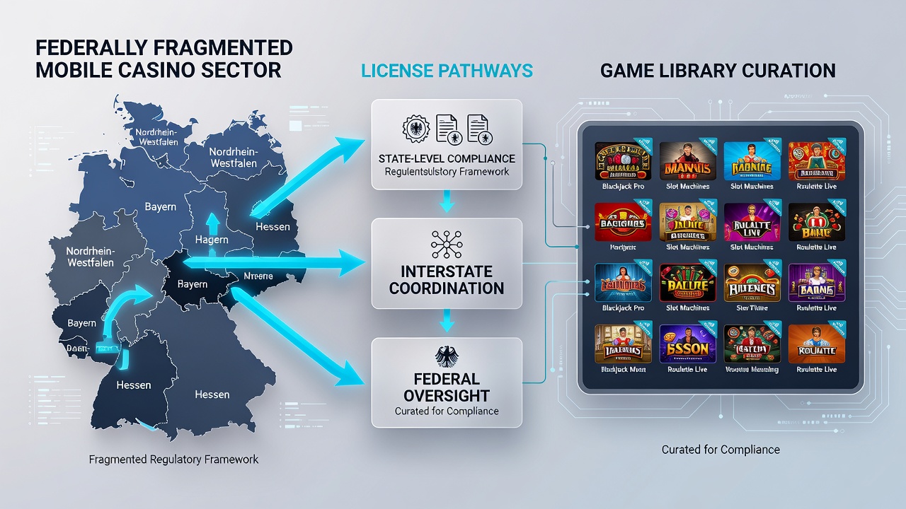 Illustration of curated game libraries in German mobile casino applications under federal regulations